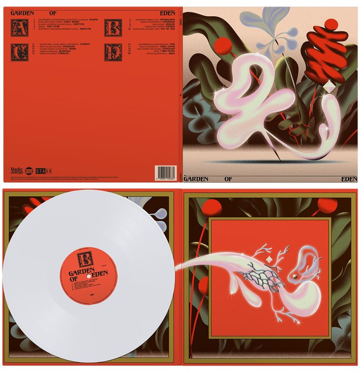 an orange and white vinyl album with artwork on the front, back and side covers