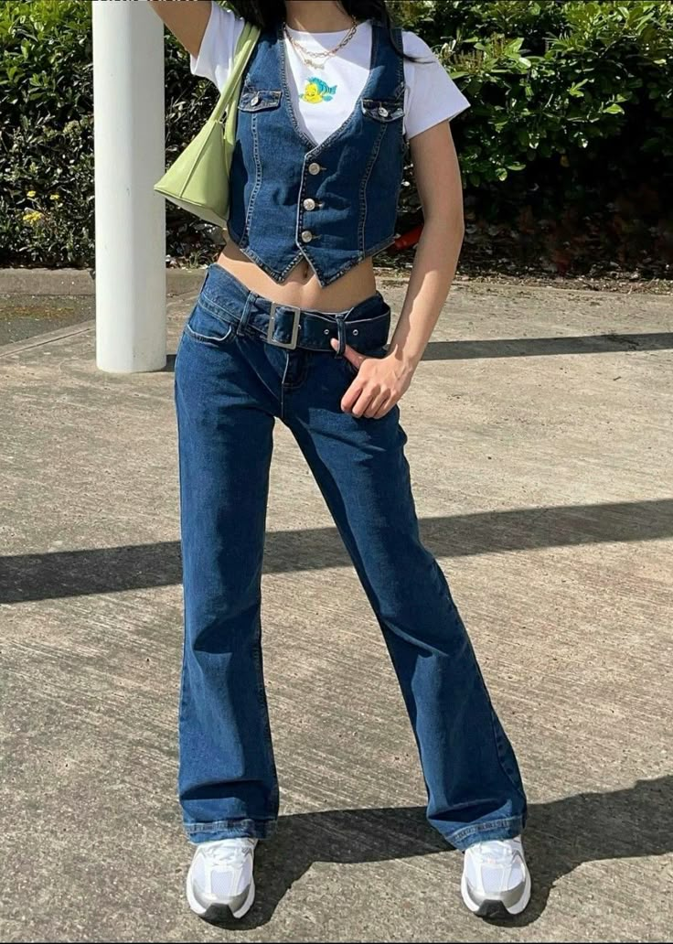 Styling A Vest Aesthetic, Jean Vest Aesthetic, White Vest Aesthetic, Vintage Jean Vest Outfits, Denim Vest With Jeans, Overalls Outfit Y2k, Denim Vests Outfits, Jean Vest Outfits Aesthetic, Blue And Green Outfit Aesthetic