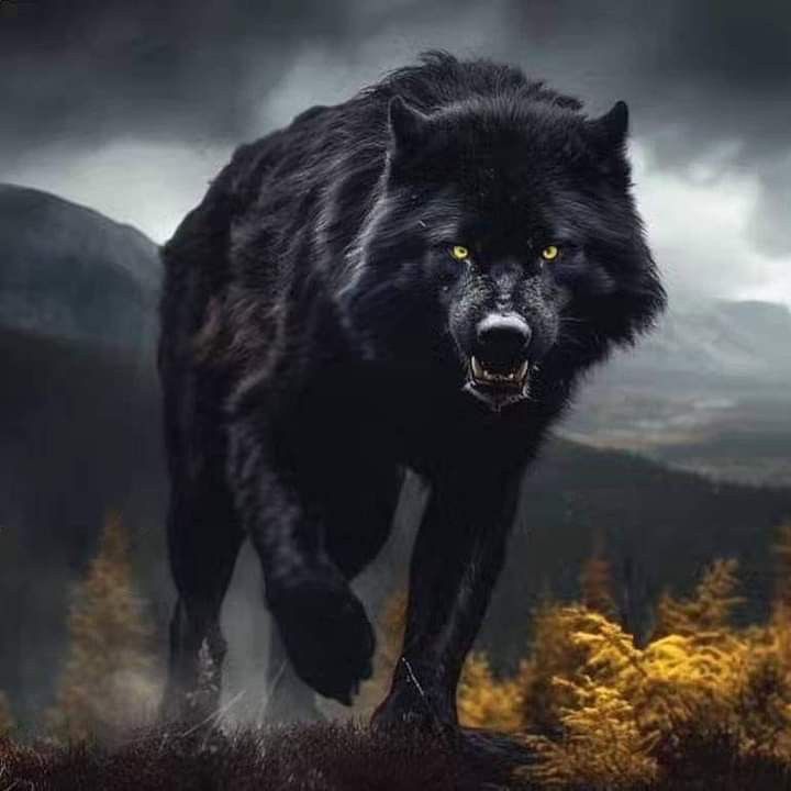 a large black wolf with yellow eyes running through the grass in front of mountains and trees