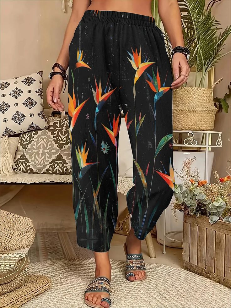 Pants Length:Regular Edition type:Loose Thickness:Lightweight Size Type:Plus Size Material:Polyester Activity:Daily,Commuting,Vacation Style:Casual Theme:Summer Color:Printed Size:0XL,1XL,2XL,3XL,4XL,5XL Size Chart Vacation Style, Printed Pants, Birds Of Paradise, Summer Colors, Elastic Waist, Colorful Prints, Elastic, Plus Size, Pants