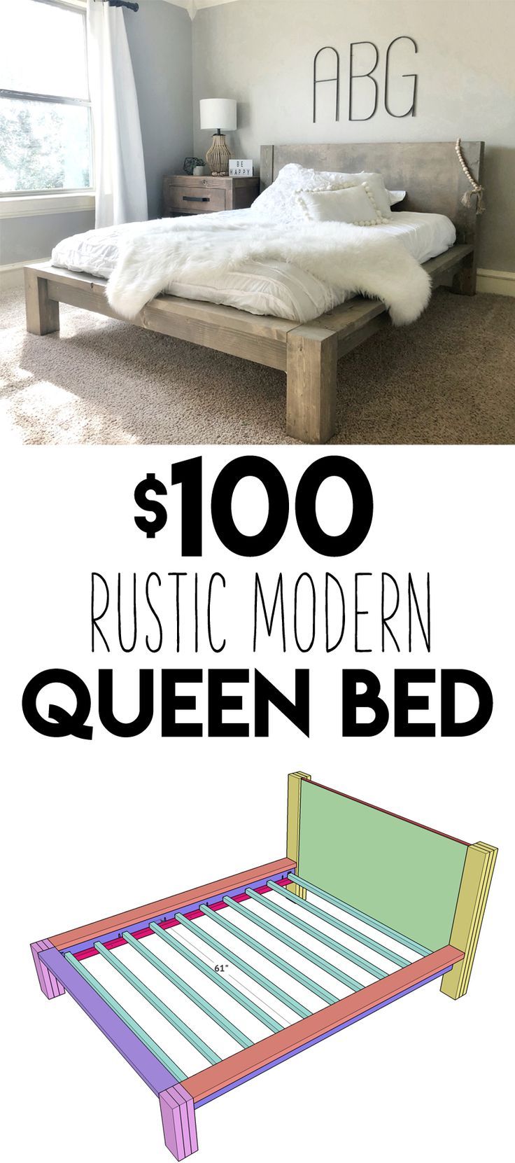 a bed frame with the words rustic modern queen bed written on it and an image of a