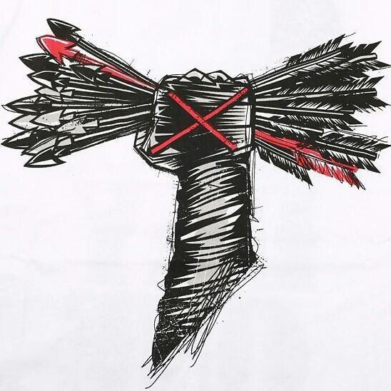 a black and white drawing of a bird with red arrows on it's wings