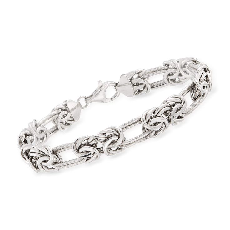 PRICES MAY VARY. Sterling silver, for women. 3/8" wide. Lobster clasp has a spring mechanism for sturdy security. Textured and polished sterling silver. Includes jewelry presentation box. Ross-Simons travels the world to find beautiful, high-quality styles at the best prices. A classic design gets an on-trend twist in our versatile sterling silver bracelet. Handcrafted textured and polished double ovals alternate with Byzantine links in a modified pattern that is simply alluring. Perfect for eve Chainmaille Jewelry Patterns, Chainmail Patterns, Byzantine Necklace, Jump Ring Jewelry, Jewelry Presentation, Jewelry Product Shots, Spring Mechanism, Chainmail Jewelry, Chainmaille Jewelry