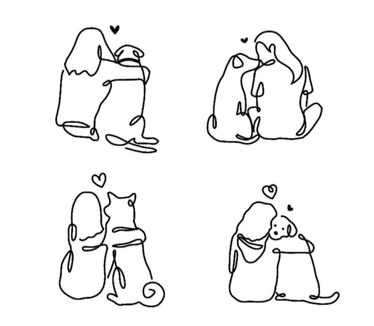 four hand drawn images of cats and dogs with hearts on their backs, one is hugging the other