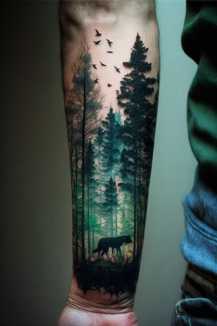 a man's arm with a wolf and birds in the forest tattoo on it