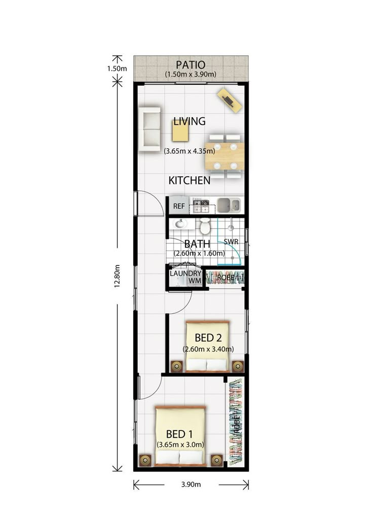 the floor plan for a small house with two bedroom and an attached living room area