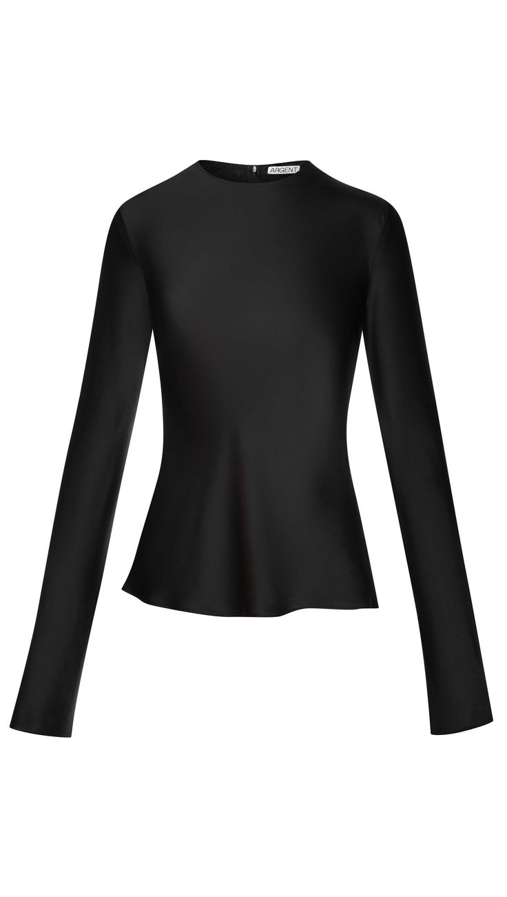 Made of silky-soft Italian viscose satin, this adaptable top features an elegant, bias cut silhouette and long, slim sleeves. Designed to be dressed up or down, layer it under suiting or paired with denim. Elegant Long Sleeve Elastane Top, Elegant Long Sleeve Turtleneck Top For Layering, Elegant Turtleneck Long Sleeve Top For Layering, Sleek Fitted Long Sleeve Top For Fall, Elegant Stretch Long Sleeve Top For Party, Elegant Long Sleeve Stretch Top For Party, Classic Silk Top For Night Out, Sleek Stretch Viscose Tops, Elegant Long Sleeve Top For Evening