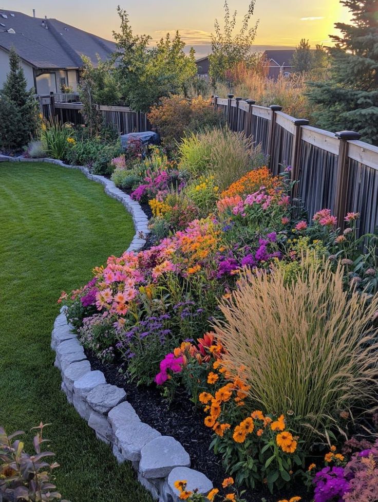 a garden with lots of flowers next to a fence