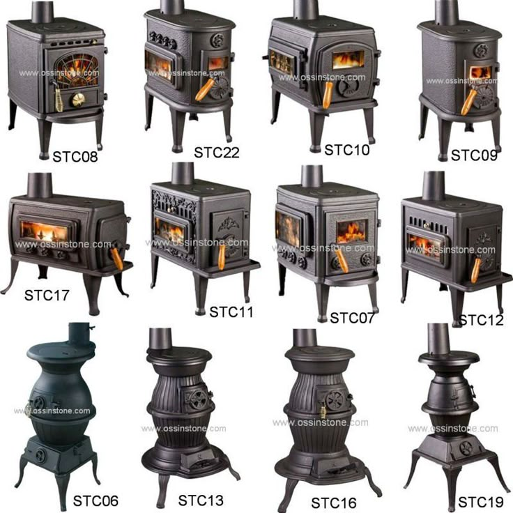 various types of wood stoves and burners in different styles, sizes and colors