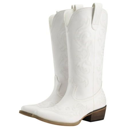 Rollda Cowboy Boots for Women Western Cowgirl Boots with Chunky Heel Ladies Snip Toe Mid-Calf Boots Size: 9.5.  Color: White.  Gender: female.  Age Group: adult. Taylor Concert Outfit Ideas, Taylor Concert Outfit, Carrie Underwood Concert, Ankle Cowgirl Boots, Outfit Cowboy Boots, White Western Boots, Cowgirl Boots Square Toe, Bailey Zimmerman, Outfit Cowboy