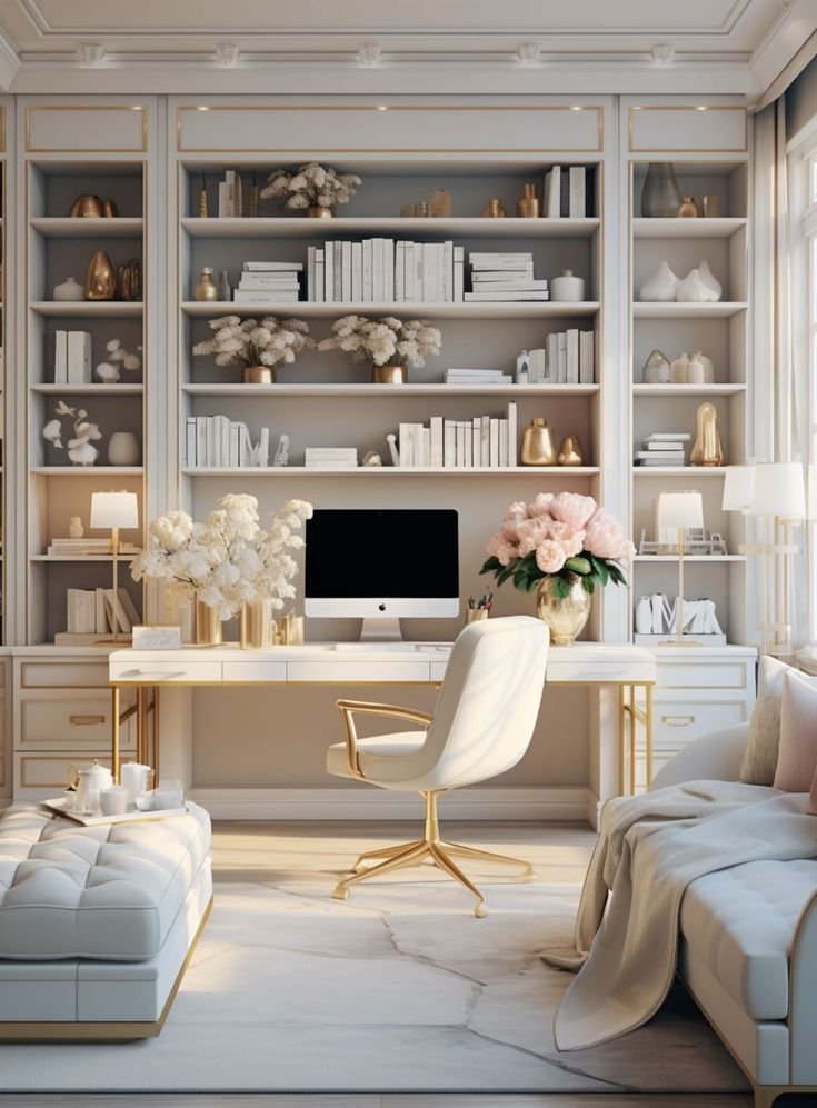 an elegant home office with white furniture and flowers on the desk in front of it