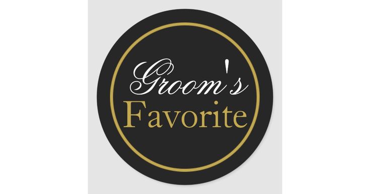 the groom's favorite logo on a black and gold oval sticker with white lettering