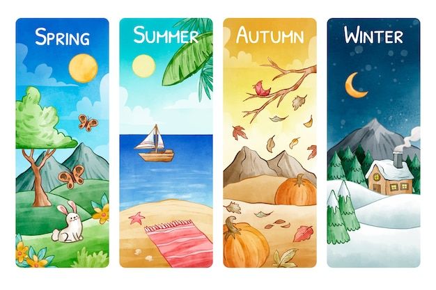 four bookmarks with different scenes of autumn and winter