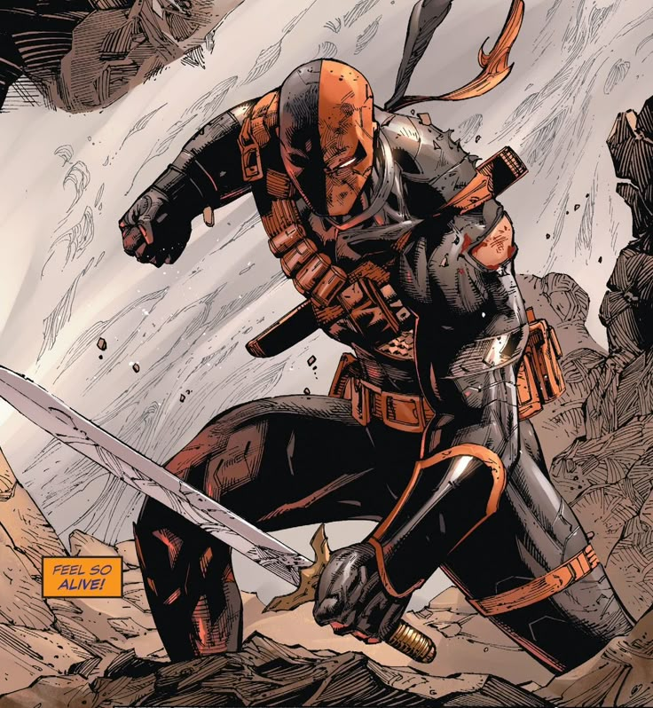 the deadpool character is holding two swords in one hand and standing next to another