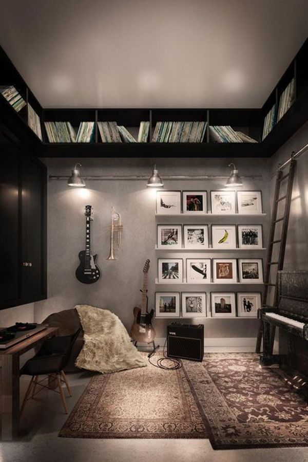 a living room filled with lots of furniture and bookshelves on the wall next to a piano