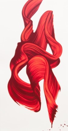 an abstract painting with red and black streaks on the bottom half of its hair, against a white background