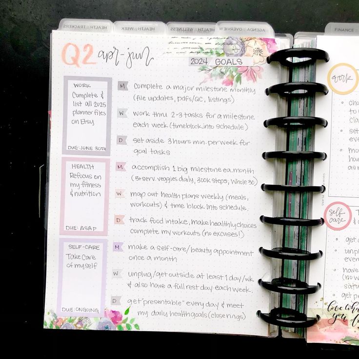 an open planner book sitting on top of a table