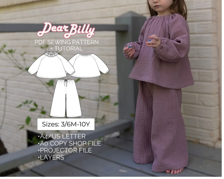 This is a children's blouse and pants set bundle PDF Sewing Pattern (instant download) with Instructions. 'Mykonos' blouse and 'Brentwood' pants set bundle pattern by DearBillyPatterns. Designed for woven fabrics. This is a PDF Sewing Pattern (instant download) in sizes 3/6M-6/9M-9/12M-12/18M-2Y-3Y-4Y-5Y-6Y-7Y-8Y-9Y-10Y. All sizes are included in your purchase. This is an intermediate skill level sewing pattern that requires prior sewing experience. If you have any questions while sewing-feel fr Sewing Pattern Blanket, Free Sewing Patterns Gifts, Kids Pants Pattern Free, Toddler Dress Sewing Pattern, Sewing Baby Projects, Pajama Sewing Pattern, Sewing Patterns Kids, Winter Sewing Patterns, Blouse And Pants Set