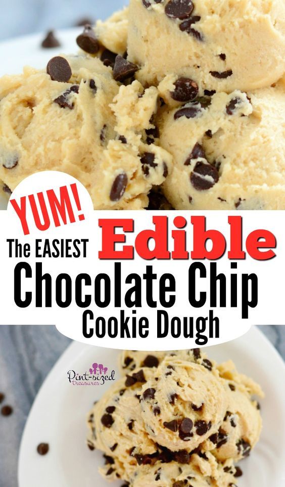 the edible chocolate chip cookie dough is on a white plate and has text overlay