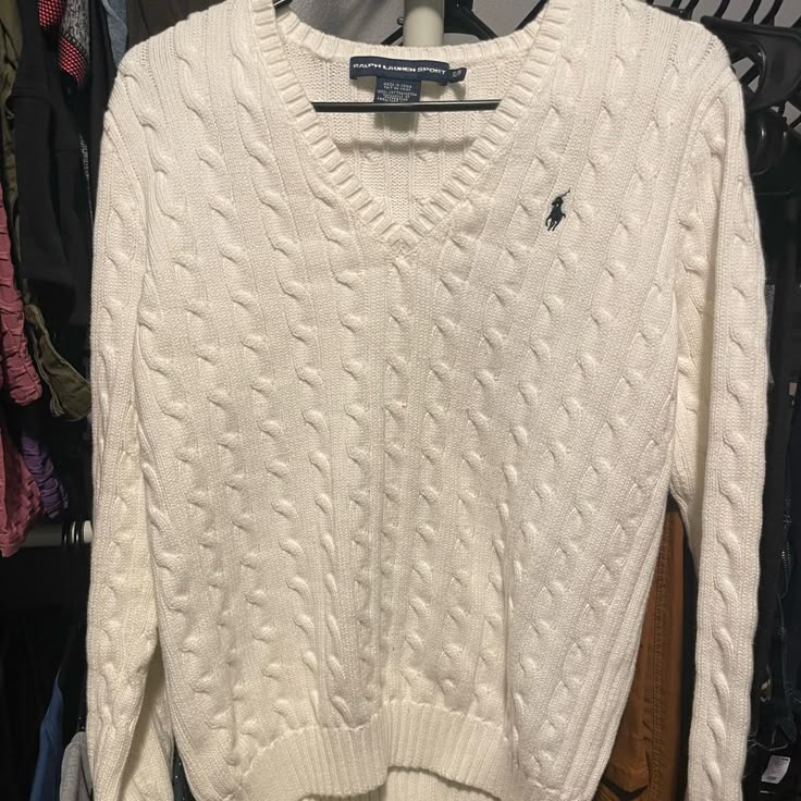 Sweater Never Worn, It’s Too Big For Me! It’s Clean With No Stains/Tears/Odors Classic White V-neck Sweater For Fall, White V-neck Polo Sweater For Winter, Classic White V-neck Sweater For Winter, Classic White Long Sleeve V-neck Sweater, White Cable Knit Long Sleeve Polo Sweater, White Knitted Long Sleeve Polo Sweater, Casual Cable Knit Polo Sweater, White V-neck Knit Polo Sweater, Casual Cream Polo Sweater