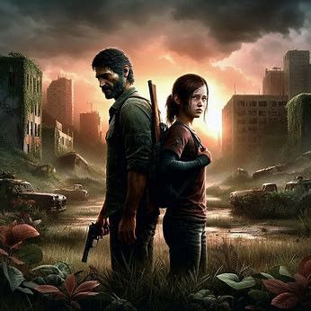 the last of us poster with two people standing next to each other