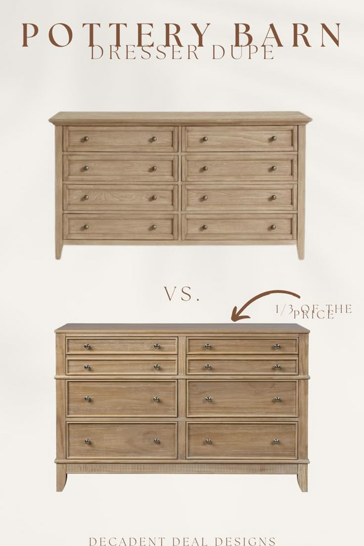 a dresser with two drawers and one drawer on each side, which is labeled pottery barn dresser