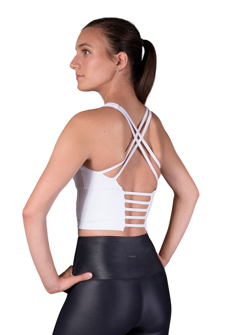 No wardrobe is complete without a white crop top like this stunning piece. Designed with active women in mind, our Finesse bra is the mother of all sporty yet cute crop tops. Its moisture-wicking fabric makes this bra the perfect gym companion, while its delicate back detail will look excellent teamed with relaxed evening wear. Product details - Wear it as a crop top or a medium support sports bra - Removable pads - 4-way stretch design - High neck design adds coverage - Flattering back strap de Lycra Shorts, White Crop Top Tank, Workout Tops For Women, Medium Support Sports Bra, High Neck Designs, Liquid Leggings, Leather Outfits, Strappy Sports Bras, Workout Crop Top