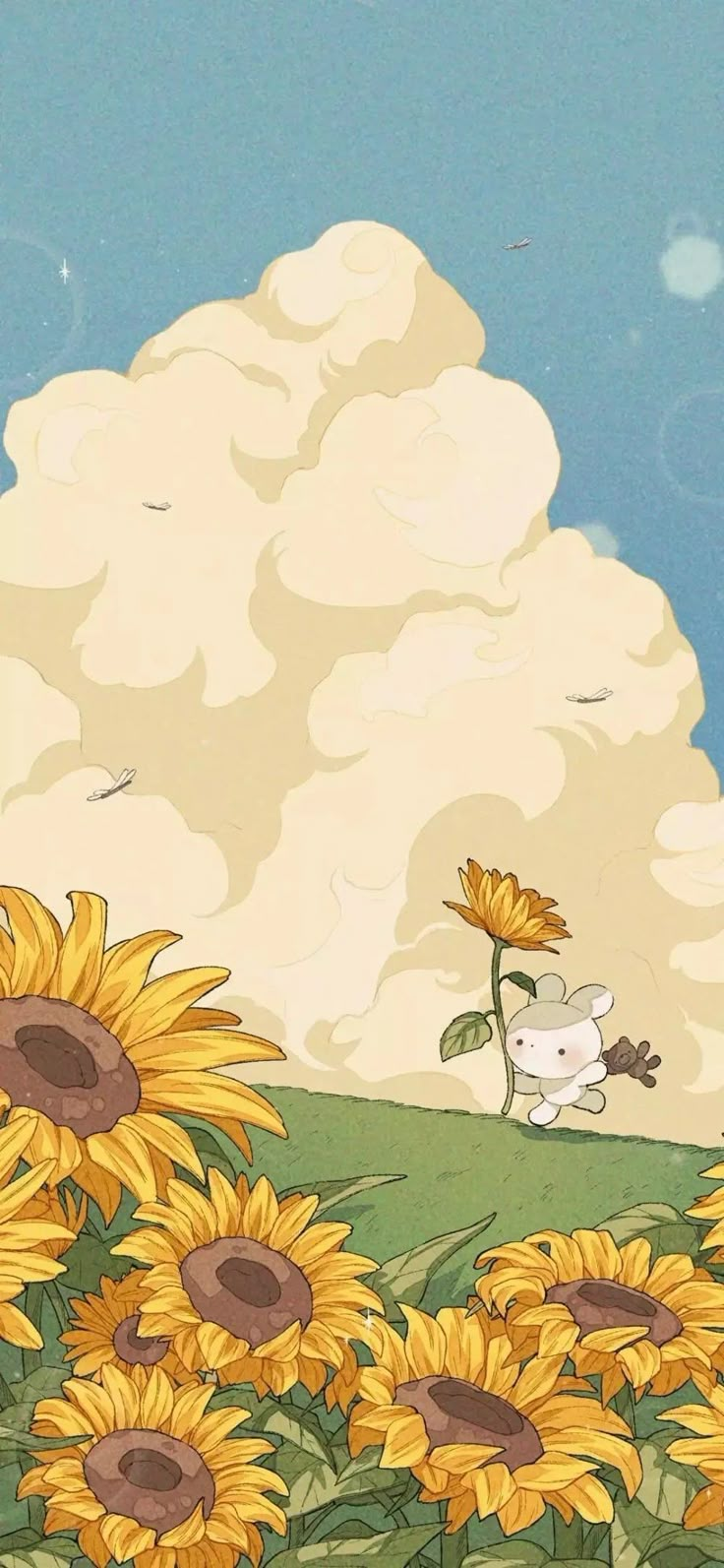 an image of sunflowers in the field with clouds behind them and a cat sitting on top of it