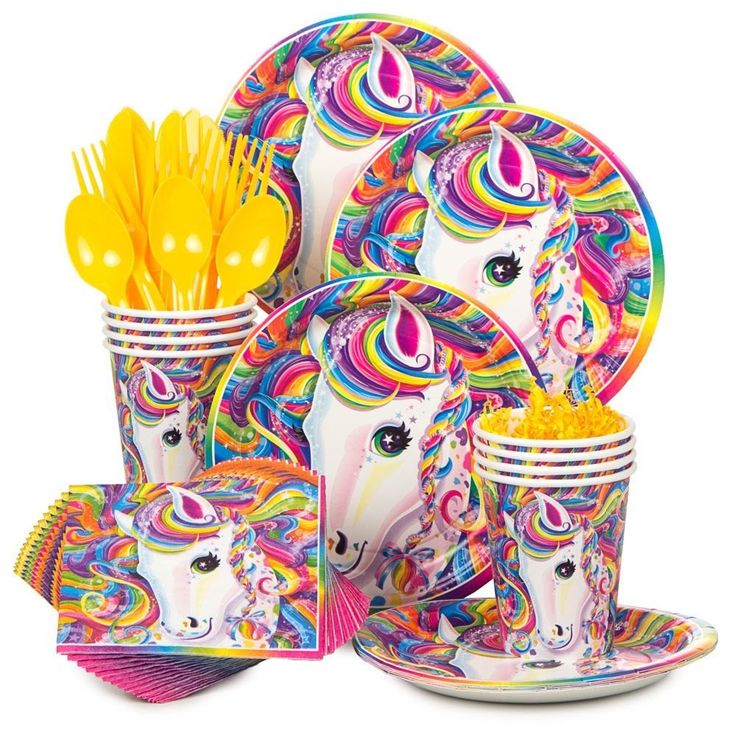 a unicorn themed party set with plates, cups and utensils in rainbow colors