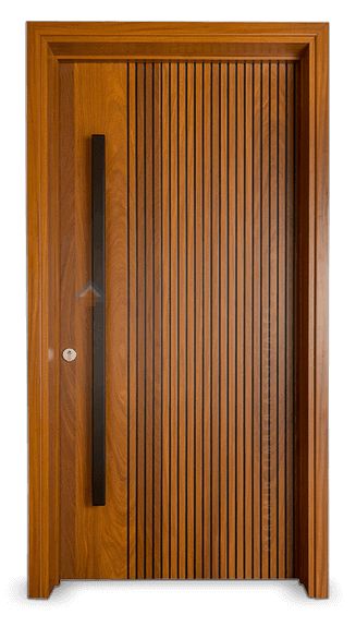 a wooden door with a black handle on it's side and vertical slats