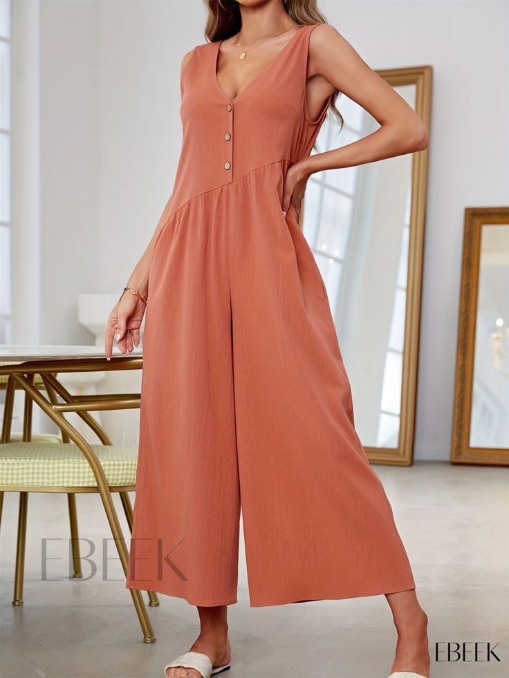 Ebeek - Spring & Summer Collection: Elegant V-Neck Backless Wide Leg Jumpsuit with Button Front Detail, Womens Fashion Wear Chic V-neck Jumpsuits And Rompers With Buttons, Chic V-neck Jumpsuits And Rompers With Button Closure, Summer V-neck Jumpsuits And Rompers With Buttons, Solid V-neck Jumpsuits And Rompers With Buttons, Solid V-neck Jumpsuit With Buttons, Elegant V-neck Jumpsuits And Rompers With Buttons, Elegant V-neck Jumpsuit Or Romper With Buttons, Elegant V-neck Jumpsuit With Buttons, Elegant V-neck Jumpsuit With Button Closure