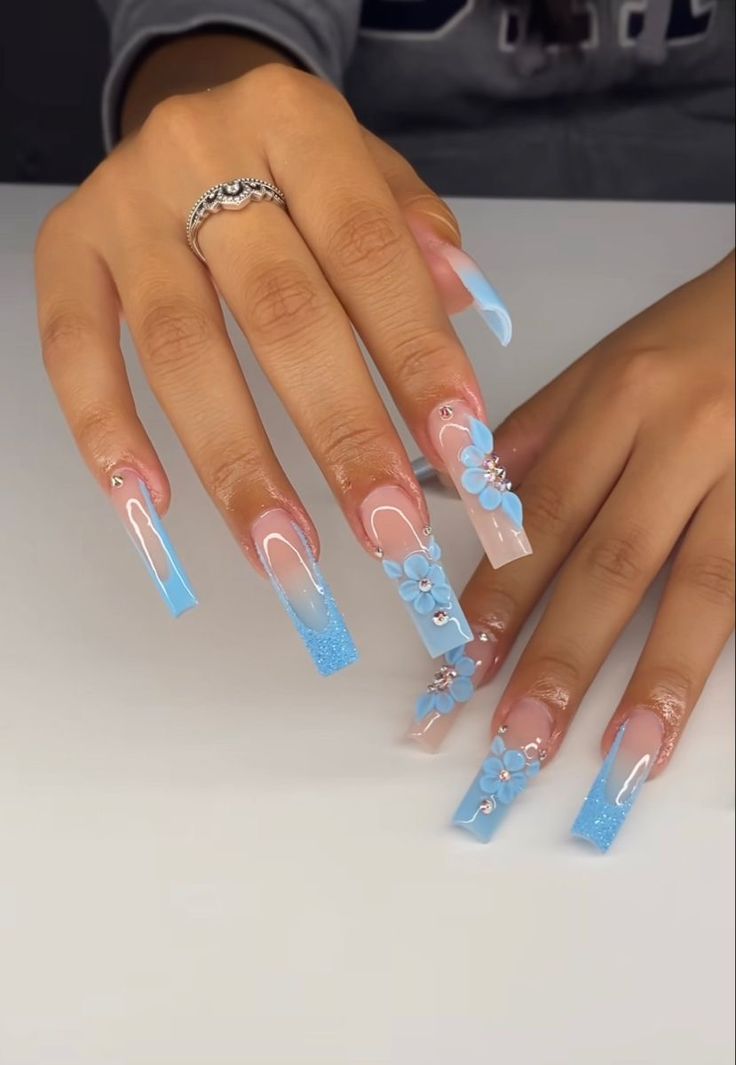 ˚୨୧⋆ @bella2angel Long Acrylic Nails Light Blue, Blue Birthday Nails Black Women, Light Blue Graduation Nails, Baby Blue Valentine Nails, Light Blue Nails Prom, Light Blue Birthday Nails, Blue Spring Nails Acrylic, Light Blue Spring Nails, Graduation Nails Blue