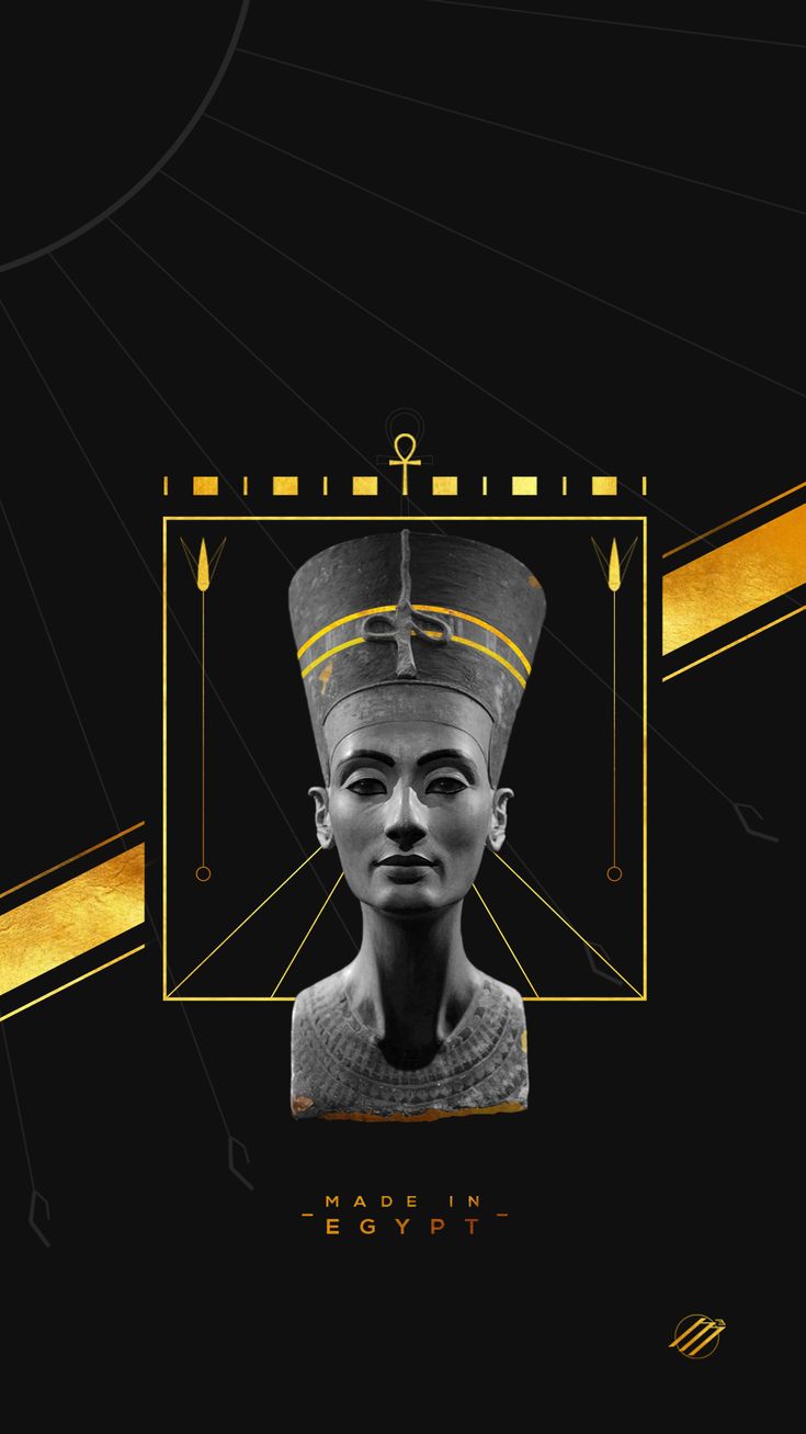 an image of the egyptian queen neferia in gold and black with geometric lines