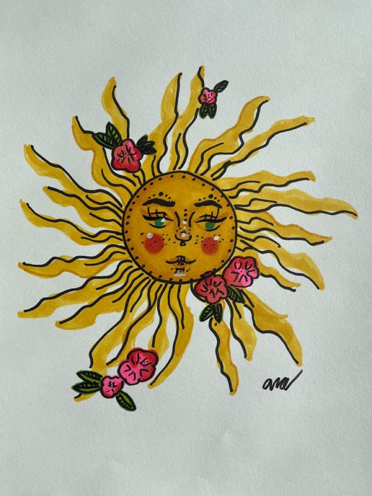 a drawing of a sun with flowers on it