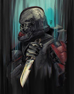 a painting of a man with a knife in his hand and a helmet over his face