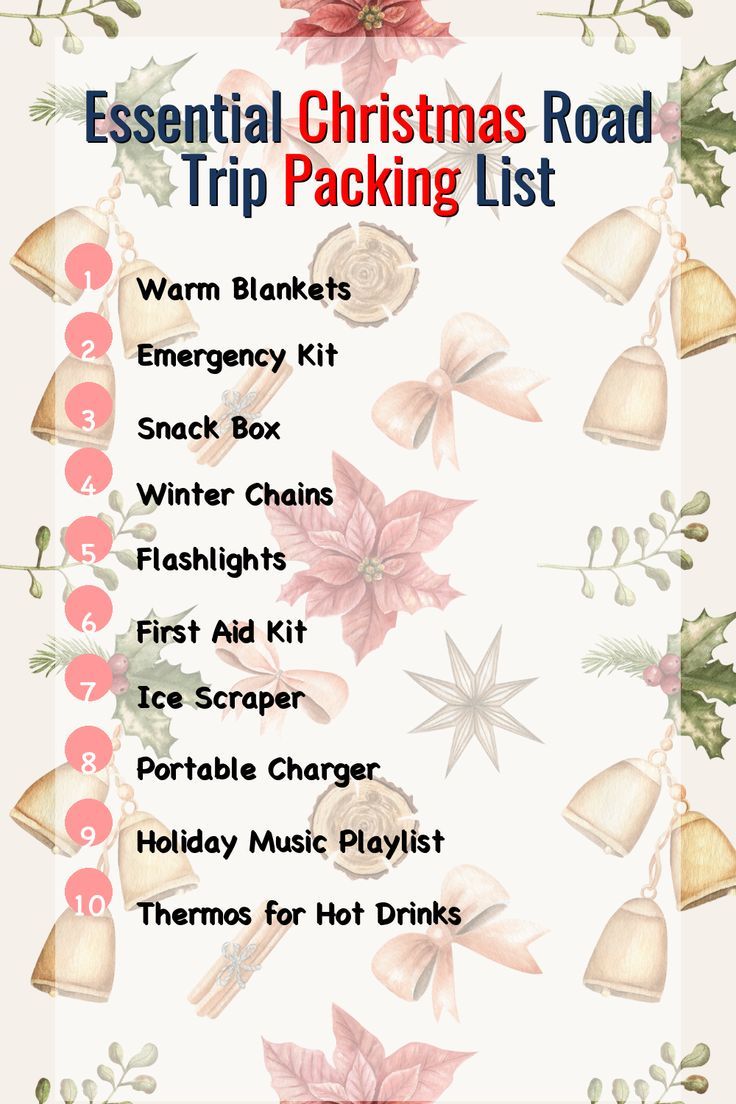 a christmas road trip packing list with bells and poinsettis in the background