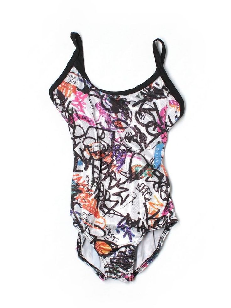 a bathing suit with graffiti written on it