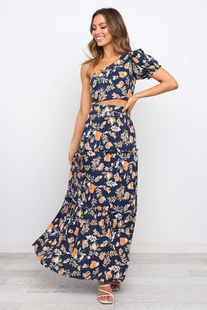 Deaville Skirt - Navy - Petal & Pup USA Spring Relaxed Fit Tiered Maxi Dress, Chic Ruffled Maxi Skirt, Chic Ruffled Maxi Length Skirt, Flowy Ruffled Midi Length Skirt, Flowy Ruffled Midi Maxi Skirt, Chic Dress With Ruffle Hem, Lined Maxi Skirt For Day Out, Summer Floor-length Maxi Dress With Voluminous Skirt, Summer Maxi Dress With Voluminous Floor-length Skirt