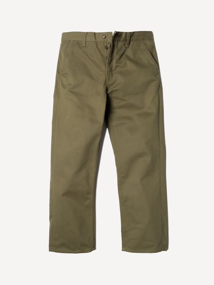 Loose-fit four-pocket worker pants with a wide leg made in organic cotton twill. These pants are crafted from a medium-weight twill with a pronounced diagonal structure that has a coarse and slightly uneven surface structure. The Tuff Tony Pants is inspired by simplistic workwear pants. As such, they feature two slanted front pockets and two patch-on back pockets. They are sewn with medium thread thickness with a short stitch length that, along with the fabric, gives the pants a well-crafted and Chino Cotton Twill Work Pants With Pockets, Straight Leg Chino Cotton Twill Work Pants For Everyday, Straight Hem Work Pants With Pockets For Everyday, Chino Cotton Twill Pants With Patch Pockets, Cotton Chinos With Patch Pockets And Straight Hem, Straight Leg Cotton Work Pants With Side Pockets, Green Chino Cotton Twill Chinos For Work, Green Chino Cotton Twill Bottoms For Work, Cotton Work Pants With Side Pockets And Straight Leg