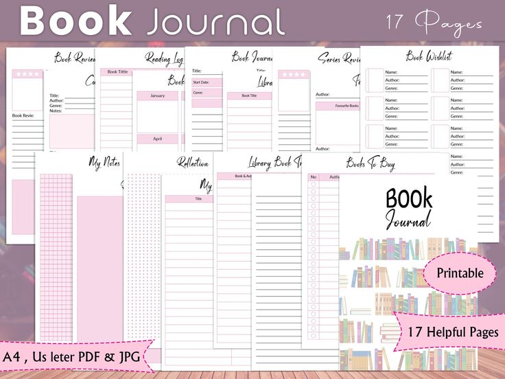 the printable book journal is shown in pink