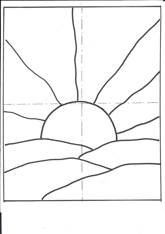 a drawing of the sun setting on top of a mountain