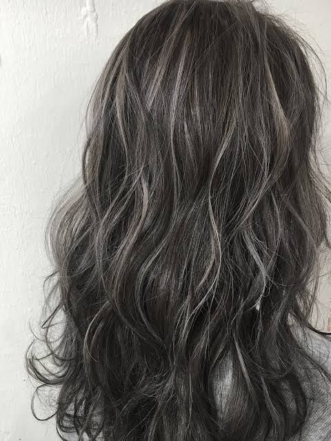 Hair Coloring For Dark Hair, Dark Gray Highlights On Dark Hair, Black Hair Grey Blending, Babylights Grey Blending, Babylights Brunette Curly Hair, Grey Babylights On Dark Hair, Gray Money Piece Hair Brunette, Dark Brown Hair With Gray Highlights, Blending Grey Hair With Dark Hair