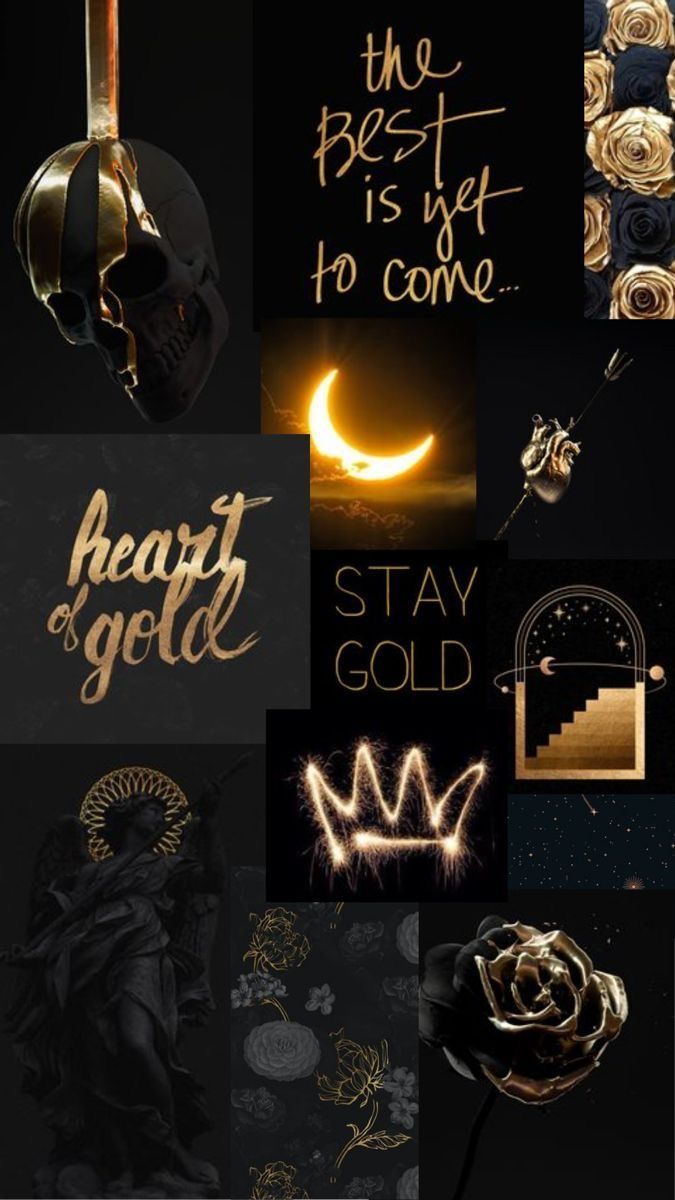 the collage shows different types of gold and black colors, with some writing on them