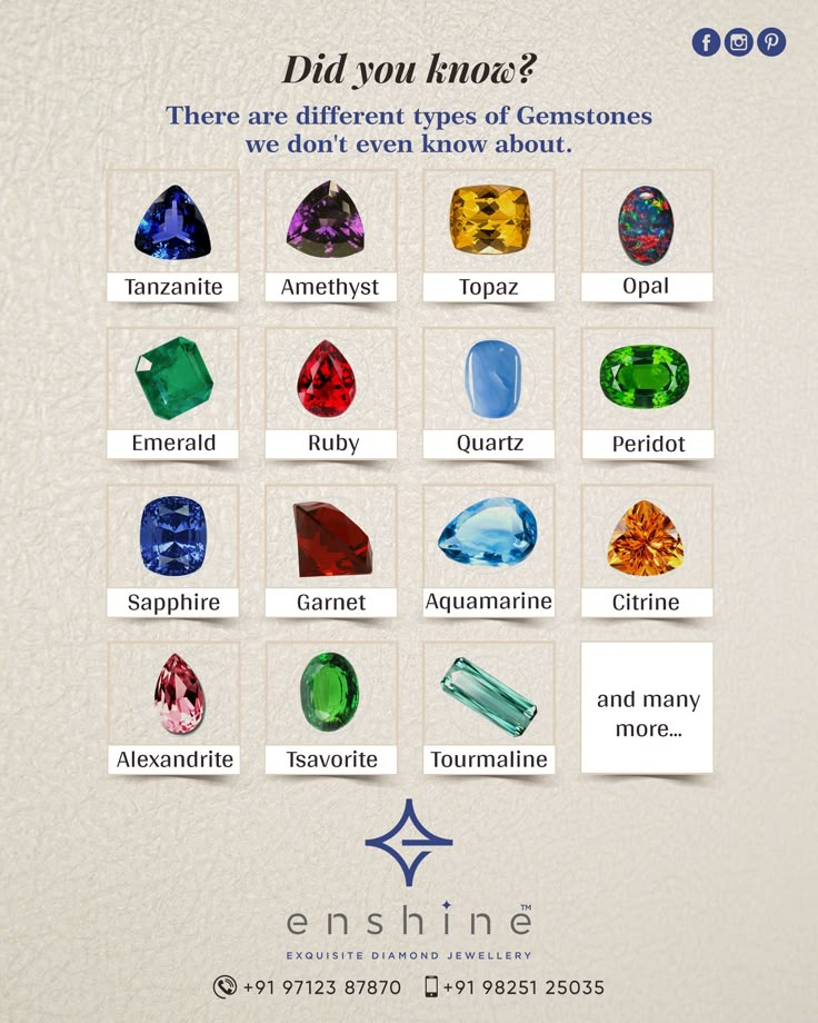 GEM KNOWLEDGE #DidYouKnow?? There are so may different types of Gem stones we don't even know about!!  #Enshine #fact #gemstones #knowledge #GemKnowledge #jewellery #gold #diamonds #accessories #jewels #jewelrydesigner #handmadejewelry #luxury #jewellerydesign #jewelrydesign #beautiful #surat 12 Jewels Of Life, Different Types Of Gemstones, Types Of Gemstones For Jewelry, Color Changing Gemstones, Types Of Diamonds Colors, Names Of Gems, Jewellery Knowledge, Jem Stones, Gem Stones Jewelry