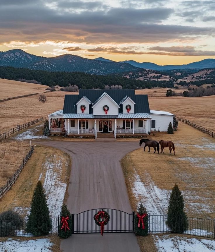 two horses are standing in front of a white house with red wreaths on it