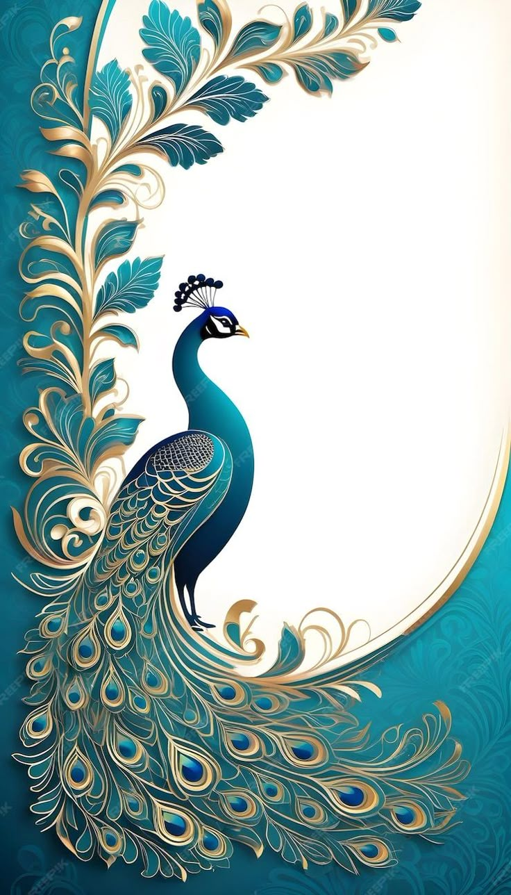 a blue and gold peacock with feathers on it's tail, against a white background