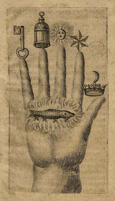 an old drawing of a hand with various items on it, including a birdcage