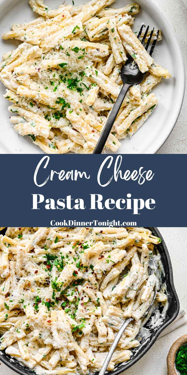 cream cheese pasta recipe in a skillet on a white plate with a serving spoon