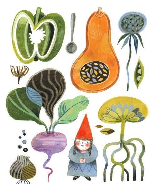 an illustration of plants and gnomes on a white background