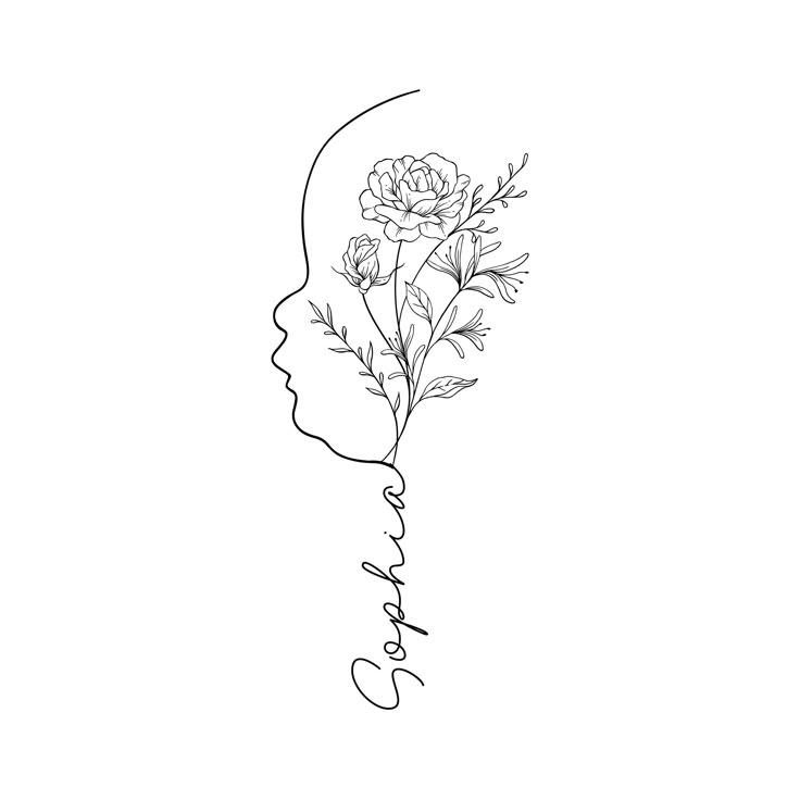 a black and white drawing of a woman's face with flowers in her hair